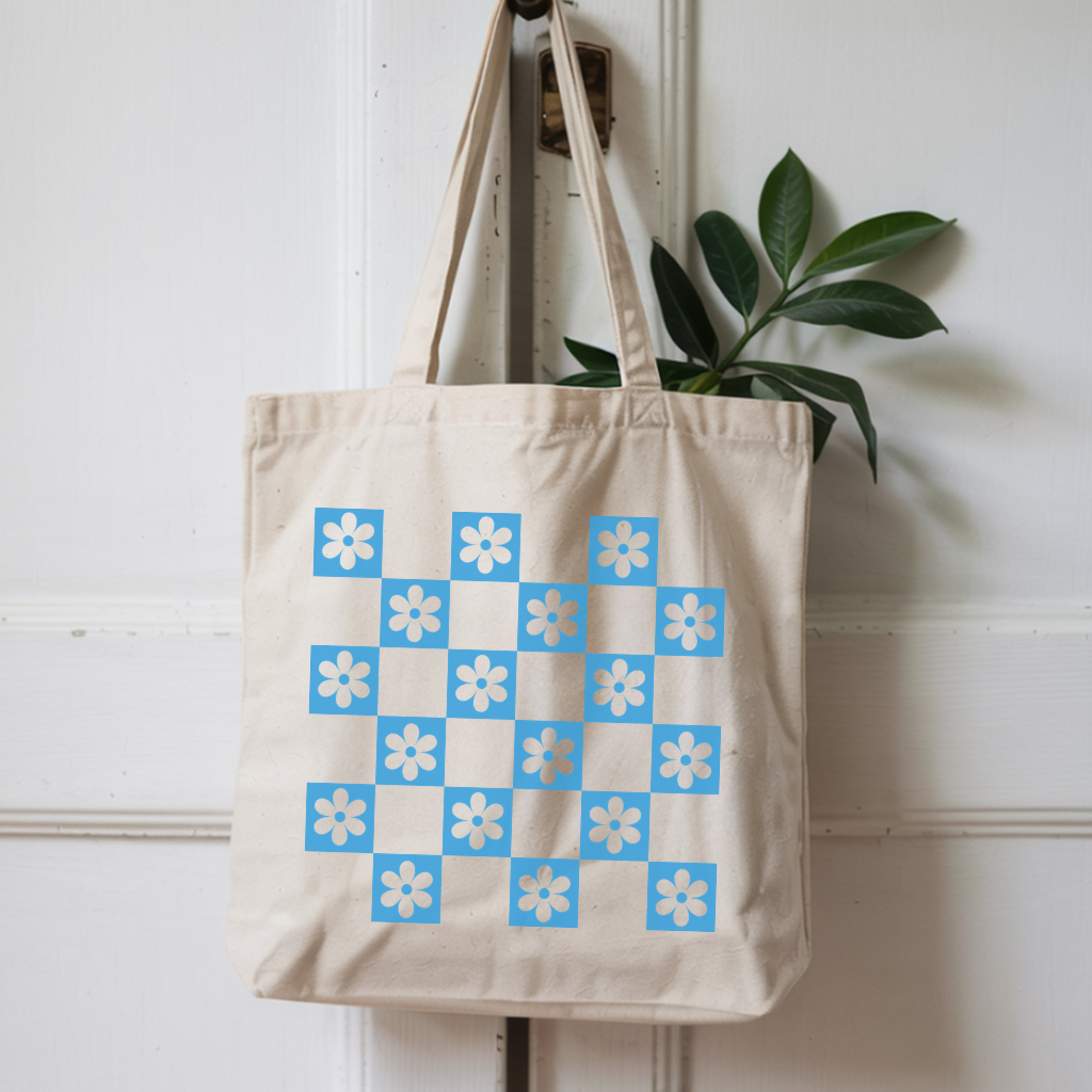 Blue Floral Checker Tote Bag – Recycled Cotton Everyday Canvas Tote
