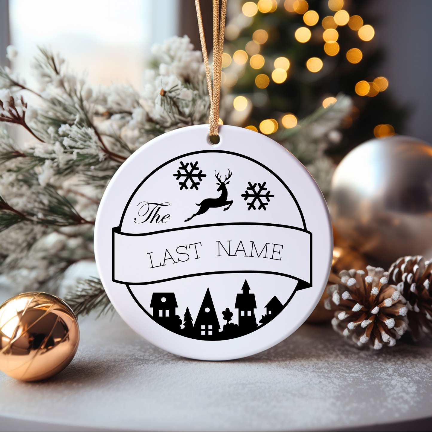 Personalized Reindeer Ceramic Christmas Ornament with Family Last Name