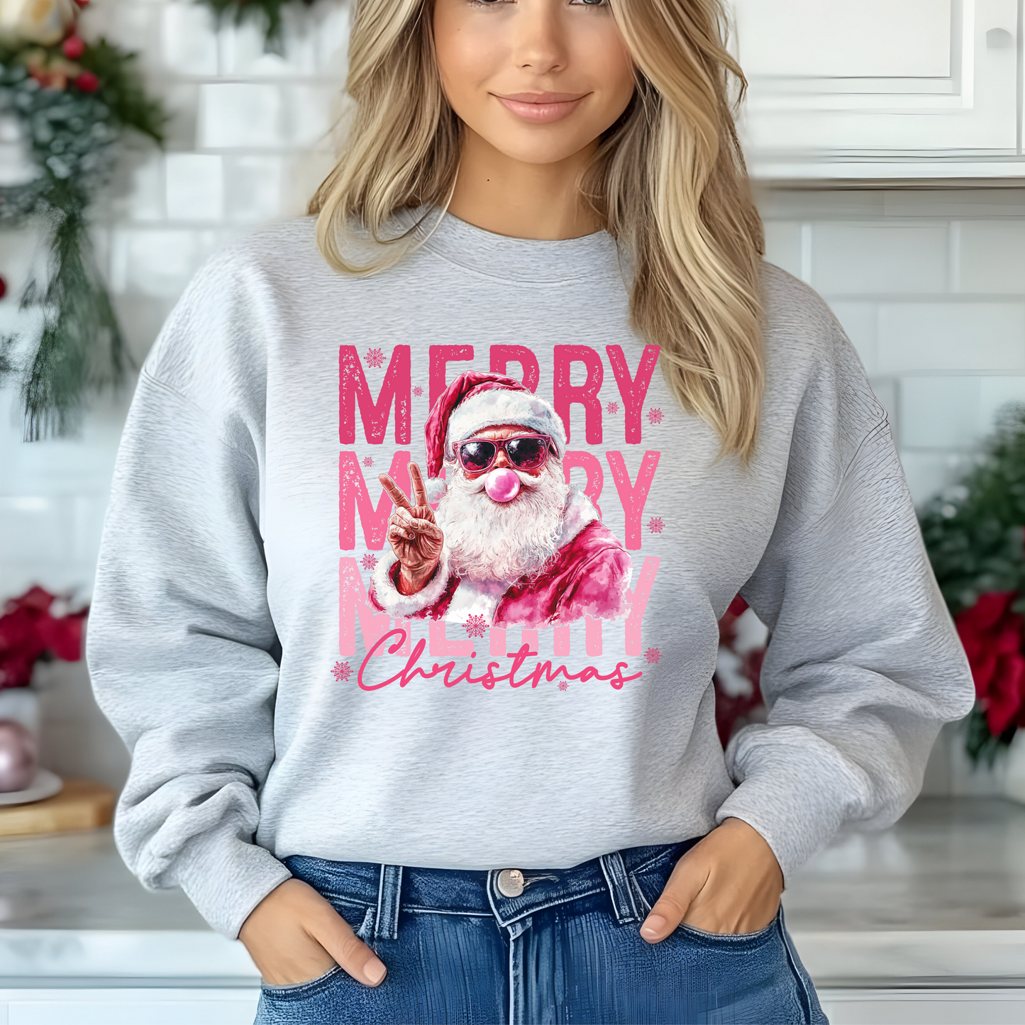Merry Christmas Pink Santa Bubble Gum Peace T-Shirt Crewneck Sweater