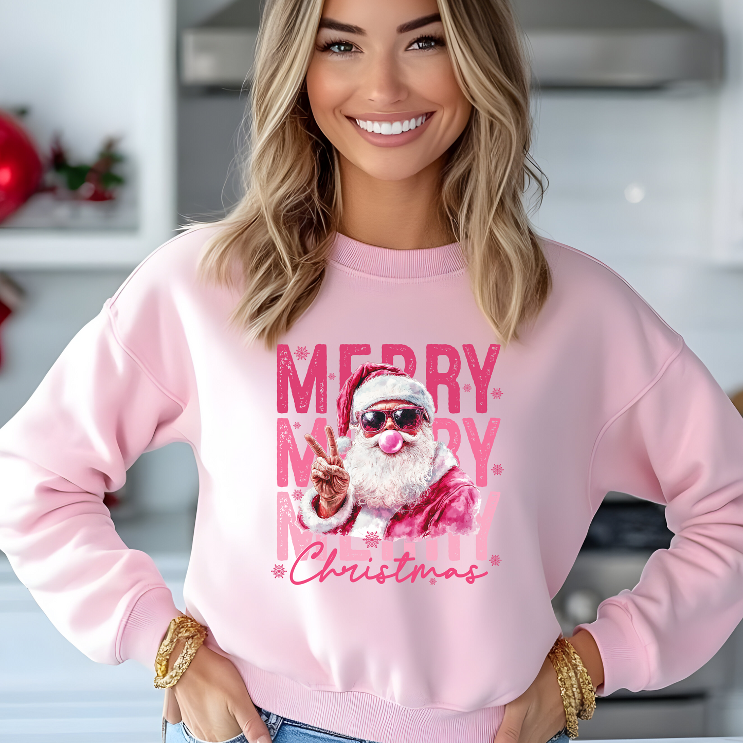 Merry Christmas Pink Santa Bubble Gum Peace T-Shirt Crewneck Sweater