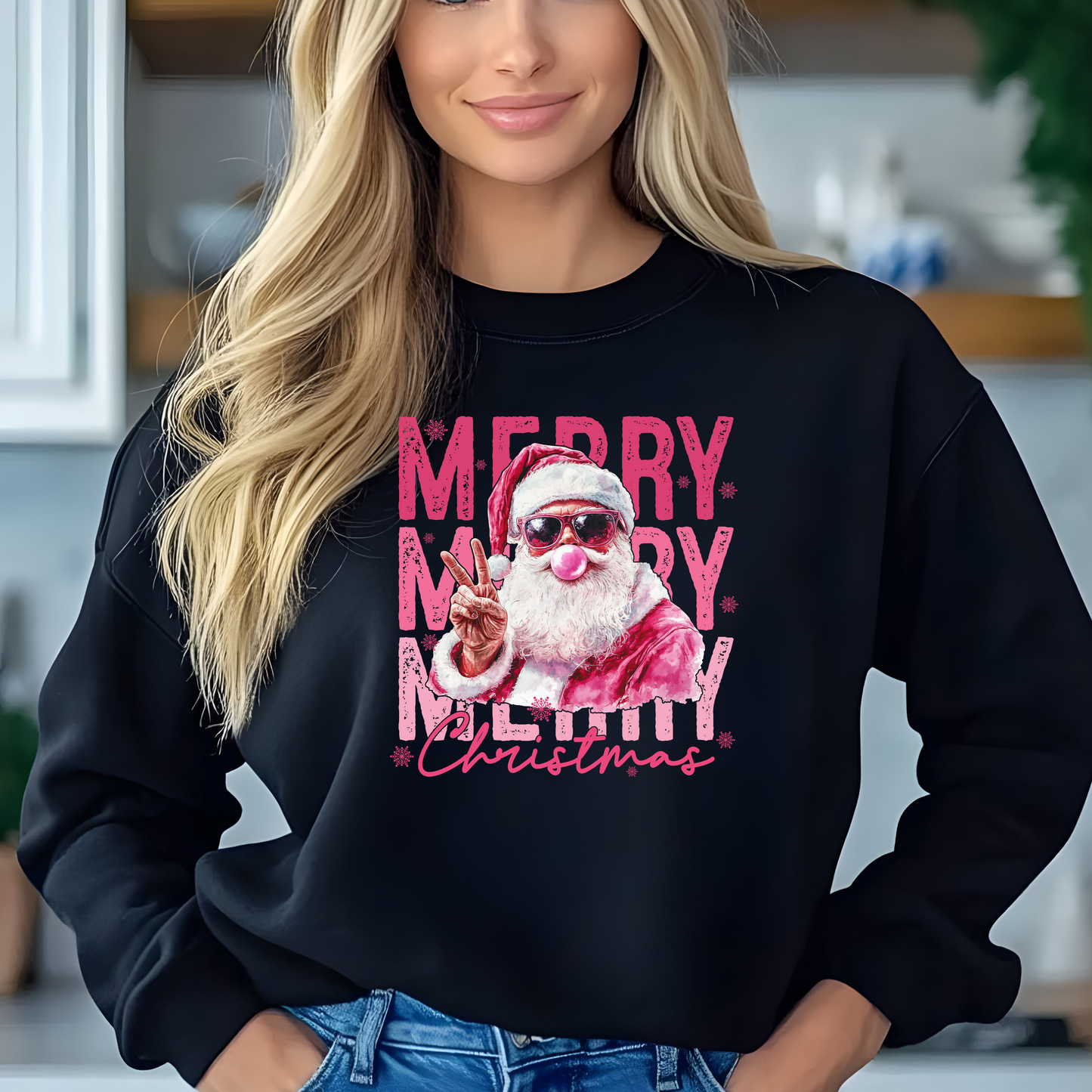 Merry Christmas Pink Santa Bubble Gum Peace T-Shirt Crewneck Sweater