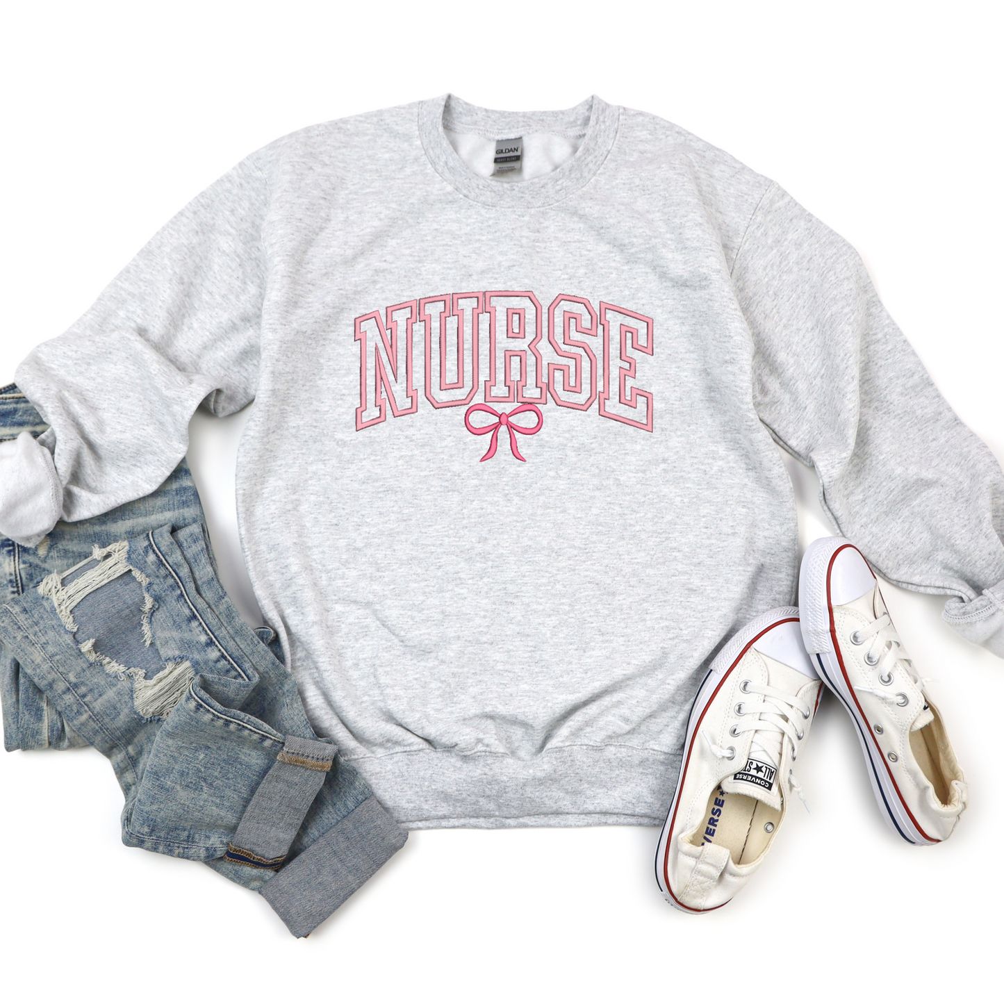 Embroidered Nurse Bow Crewneck Sweater