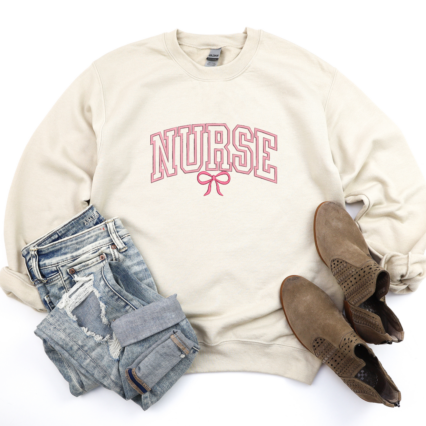 Embroidered Nurse Bow Crewneck Sweater