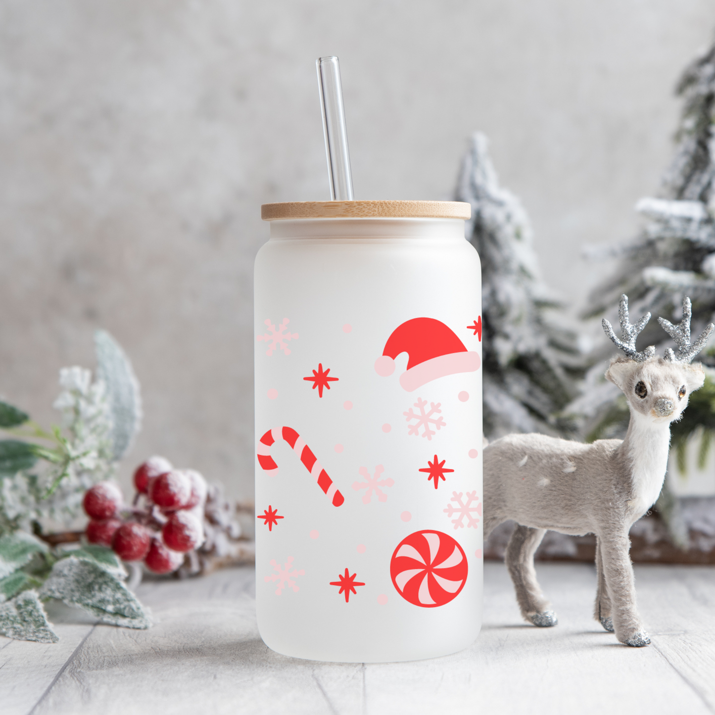 Frosted Peppermint Candy Cane Christmas Libbey Can Glass