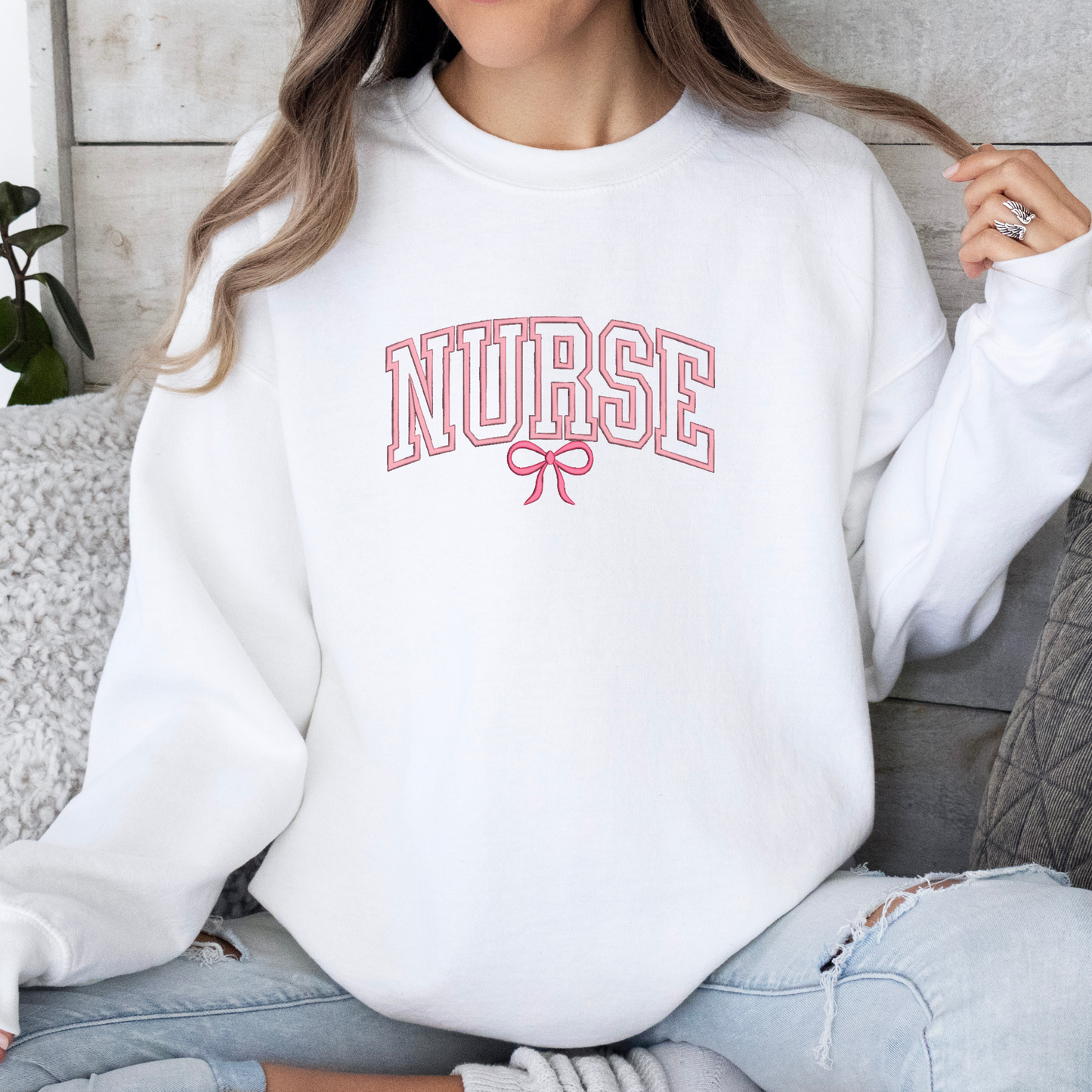 Embroidered Nurse Bow Crewneck Sweater