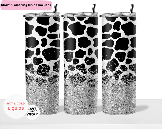 Silver Glitter Cow Print 20 oz Double Layer Vacuum Tumbler