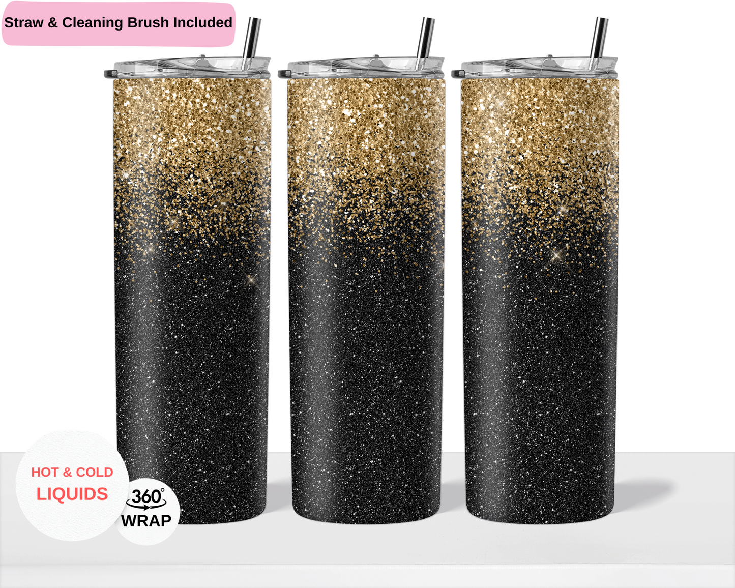 Black and Gold Glitter 20 oz Double Layer Vacuum Tumbler